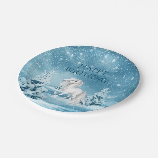 Pferd auf Snowy Night Winter Happy Birthday Pappteller (Schrägansicht)