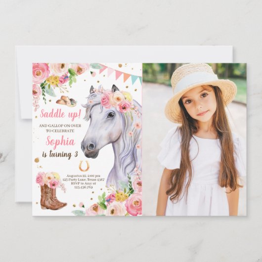 Pferd Birthday Invite Girl Cowgirl Pink Floral Einladung (Vorderseite)