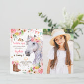 Pferd Birthday Invite Girl Cowgirl Pink Floral Einladung (Stehend Vorderseite)