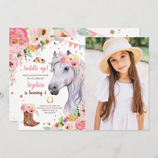 Pferd Birthday Invite Girl Cowgirl Pink Floral Einladung (Vorne/Hinten)