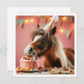 Pferd essen Kuchen Geburtstagseinladung, Pferdefre Einladung (Vorne/Hinten)