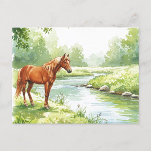 Pferd Fluss Friedliche Aquarell-Natur-Postkarte Feiertagspostkarte