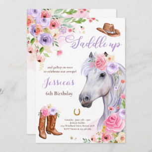 Pferd Geburtstagsparty Cowgirl Lilac Floral Geburt Einladung