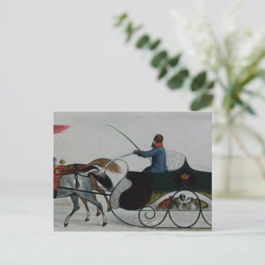 Pferd Gezeichnet Sleigh Postkarte (Stehend Vorderseite)