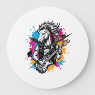 Pferd Gitarre Spieler Vintage Gravur T-Shirt Desi Große Wanduhr