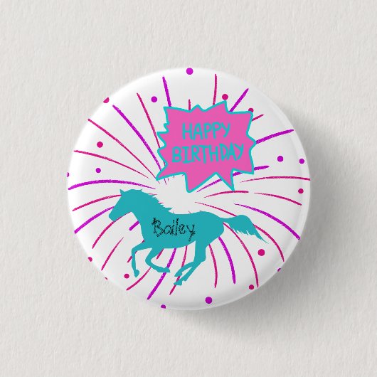 Pferd Happy Birthday Pink Lila Türkis Button (Vorderseite)