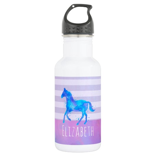 Pferd in Blau und Lila Wasserfarbe Personalisiert Trinkflasche (Vorderseite)