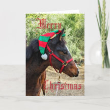 Pferd in Elfenhut gefaltete Weihnachtskarte