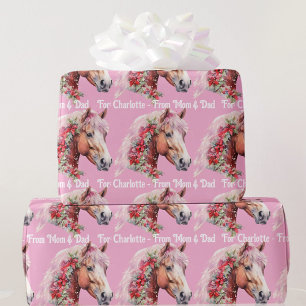 Pferd in Weihnachtsbändern mit Mädchennamen Pink Geschenkpapier