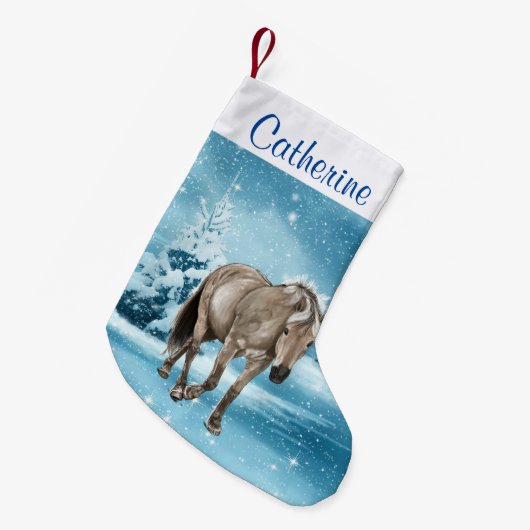 Pferd in Winterszene Custom Strumpf 2 Seitenaufdru Kleiner Weihnachtsstrumpf (Vorderansicht (hängend))