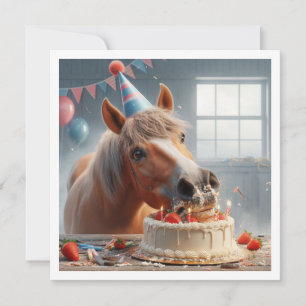 Pferd isst Geburtstagseinladung mit Kuchen, Pferde Einladung