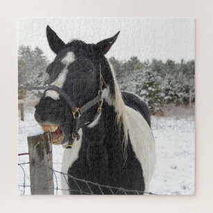 Pferd Kauen einen Zaun Post im Schnee Puzzle