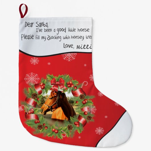 Pferd Liebe Santa IHR FOTO Name Round Frame Red Großer Weihnachtsstrumpf (Vorderseite)