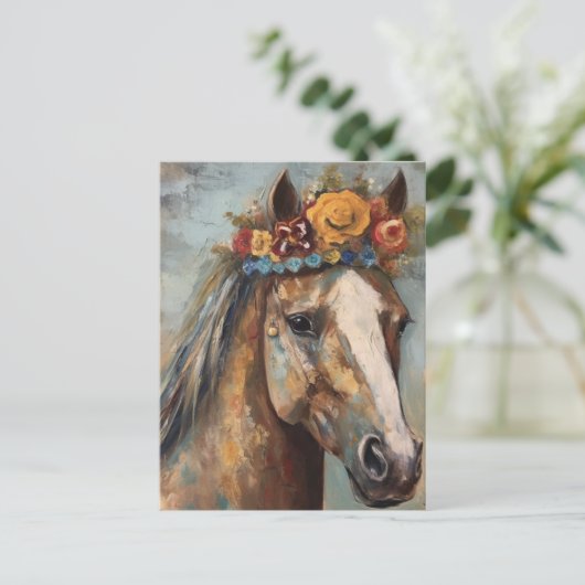 Pferd mit Blumenkrone Postkarte (Stehend Vorderseite)