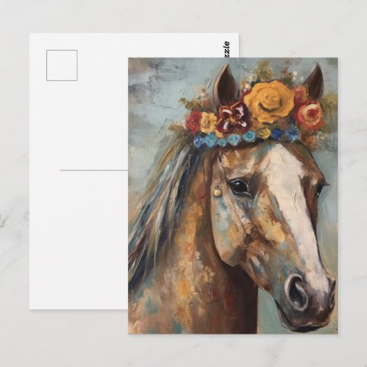 Pferd mit Blumenkrone Postkarte (Vorne/Hinten)