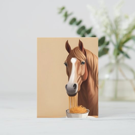 Pferd mit einer Schüssel Spaghetti Postkarte (Stehend Vorderseite)