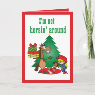 Pferd mit Geschenken und Stick Horse Cowgirl Card Feiertagskarte
