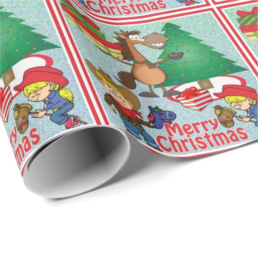 Pferd mit Geschenken und Stick Horse Kids Geschenk Geschenkpapier (Rolleneckpunkt)