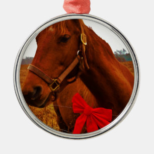 Pferd mit Red Bow Silbernes Ornament