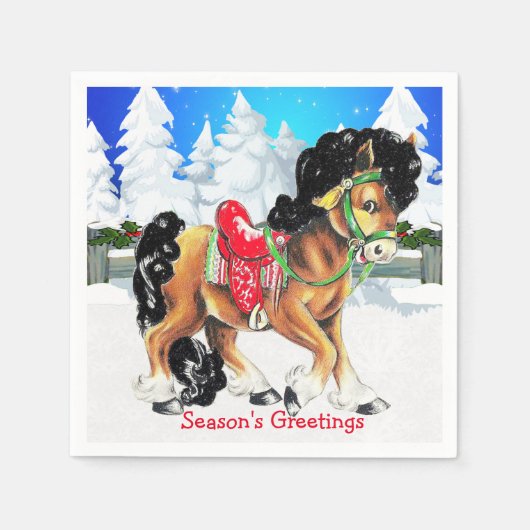 Pferd mit Red Saddle Winter Szene Napkins Serviette (Vorderseite)