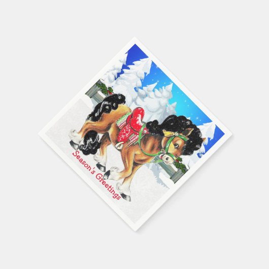 Pferd mit Red Saddle Winter Szene Napkins Serviette (Ecke)