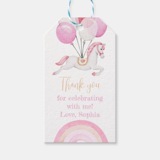 Pferd mit rosa Balloons und Regenbogen Danke Geschenkanhänger (Vorderseite)