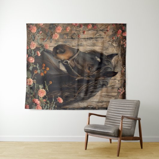 Pferd mit rosa Blume Decoupage Wandteppich (Beispiel (Horizontal))