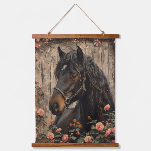 Pferd mit rosa Blume Decoupage Wandteppich Mit Holzrahmen (Vorderseite)