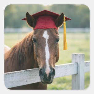 Pferd mit roter Abschlussmütze Quadratischer Aufkleber