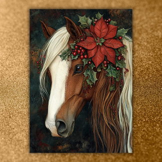 Pferd mit roter Poinsettie und Weihnachtsstern Wei Feiertagskarte