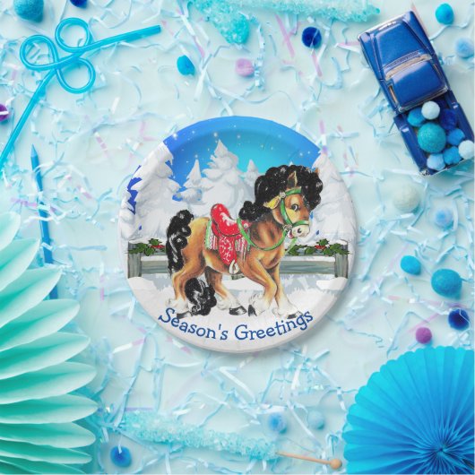 Pferd mit roter Sattelwinterlandschaft Pappteller (Party)