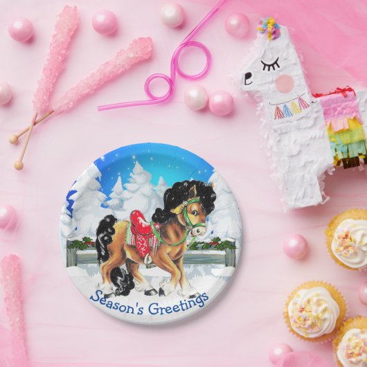 Pferd mit roter Sattelwinterlandschaft Pappteller (Party)