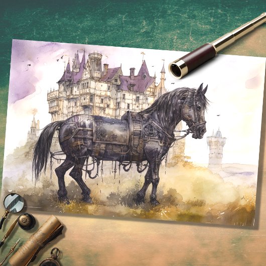 Pferd mit Schloss Steampunk 1 Decoupage Papier