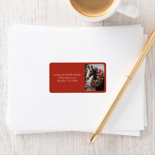 Pferd mit Weihnachtsansprache im Winter Kranz Adressaufkleber (Insitu)