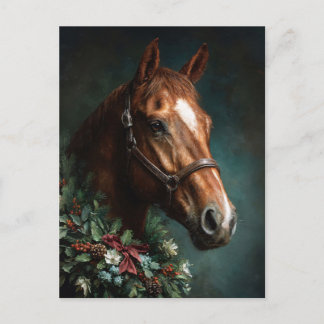 Pferd mit Weihnachtsgirlande und rotem Band Postkarte