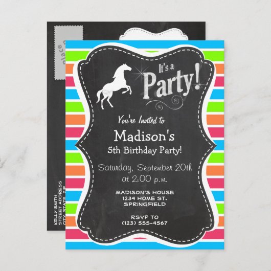 Pferd; Neon Orange Pink Blue Green Stripes Einladungspostkarte (Vorne/Hinten)