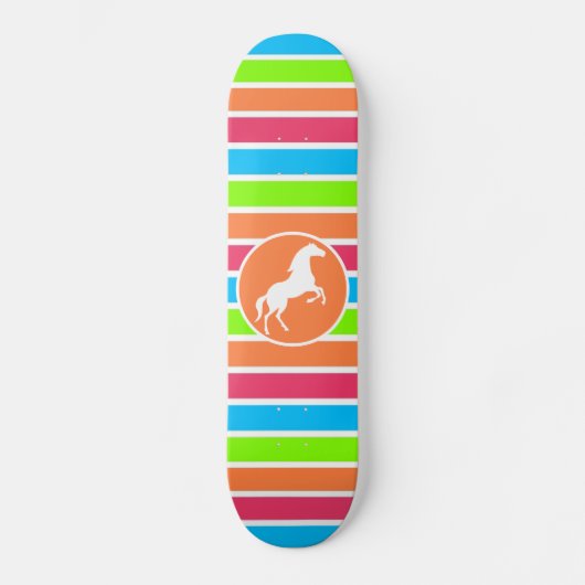 Pferd; Neon Orange Rosa Blaue Streifen Skateboard (Vorderseite)