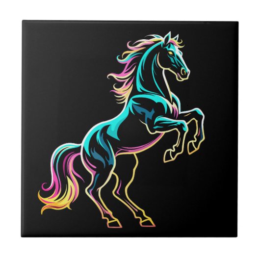 Pferd Neonlicht Glitch Retro-Stil Fliese (Vorderseite)