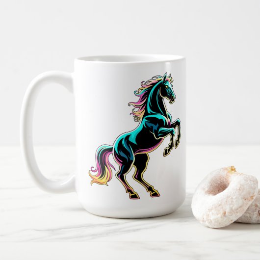 Pferd Neonlicht Glitch Retro-Stil Kaffeetasse (Mit Donut)