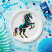 Pferd Neonlicht Glitch Retro-Stil Pappteller (Party)