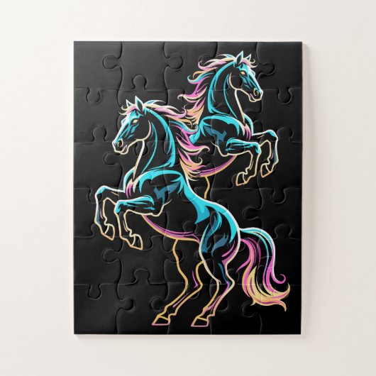 Pferd Neonlicht Glitch Retro-Stil Puzzle (Vertikal)