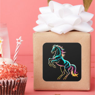 Pferd Neonlicht Glitch Retro-Stil Quadratischer Aufkleber