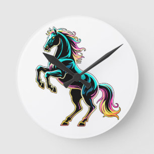Pferd Neonlicht Glitch Retro-Stil Runde Wanduhr