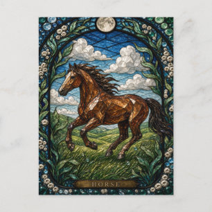 Pferd rollende Wiese Illumina Buntglas Postkarte