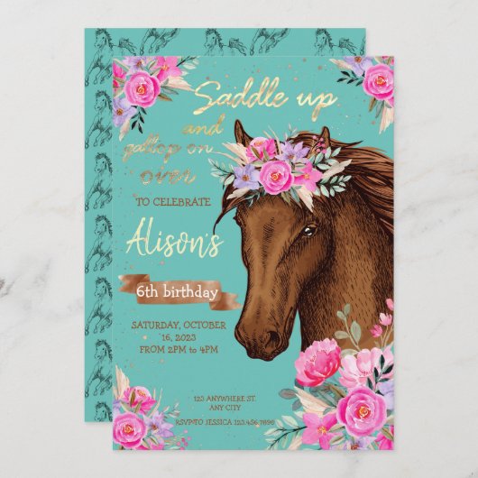 Pferd Rosa Floral Geburtstag Einladung (Vorne/Hinten)