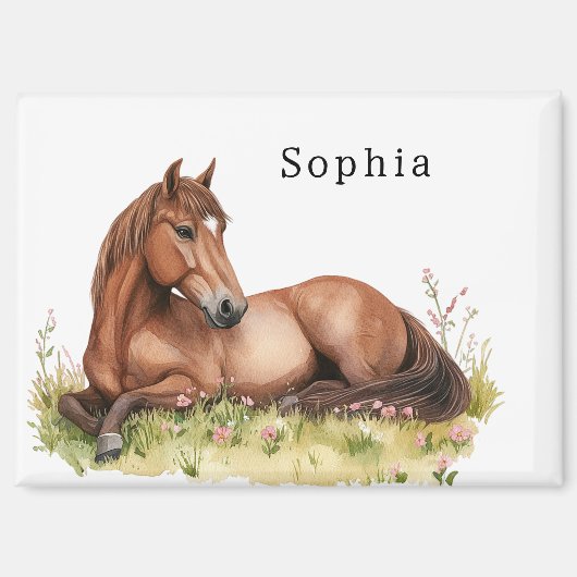 Pferd Rosa Floral Rustikal Brauner Sattel Magnet (Vorderseite)