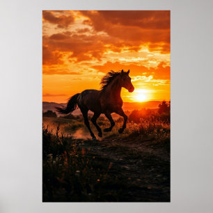 Pferd-Sonnenuntergang-Plakat   Laufendes schwarzes Poster