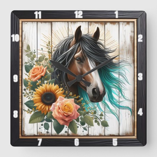 Pferd Türkis Mane Floral Quadratische Wanduhr (Vorderseite)