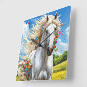 Pferd und Blume Quadratische Wanduhr (Winkel)