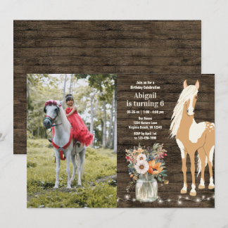 Pferd und Blume Rustikales Holz Foto Geburtstag Einladung